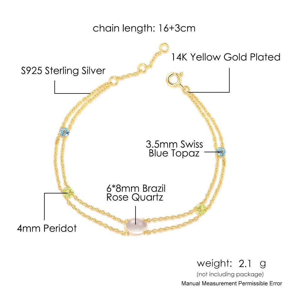 Pulseira Feminina De Prata Natural Gemstone Rose Quartz Topaz Peridot S925 Link Chain Bracelet HI062-5