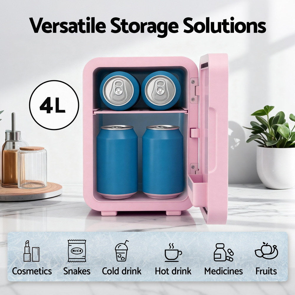 Glacio Mini Fridge Skincare Beauty Cooler Warmer LED Mirror 12V 220V Pink 4L-3