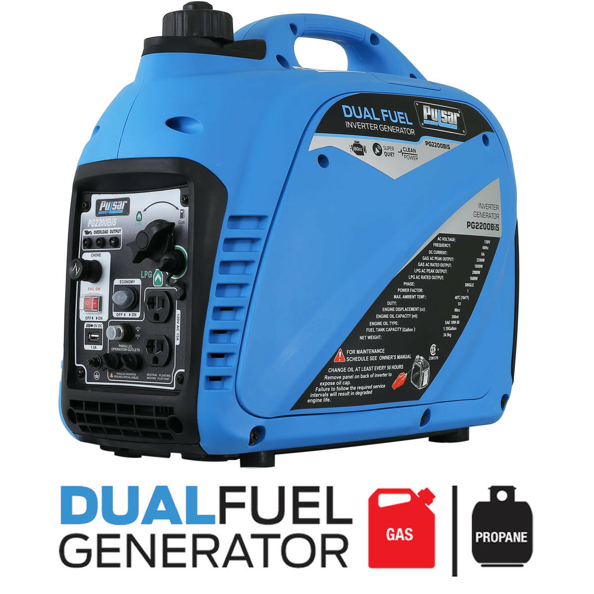 Pulsar 2200W Parallel Ready Portable Dual Fuel Inverter Generator PG2200BiS-0