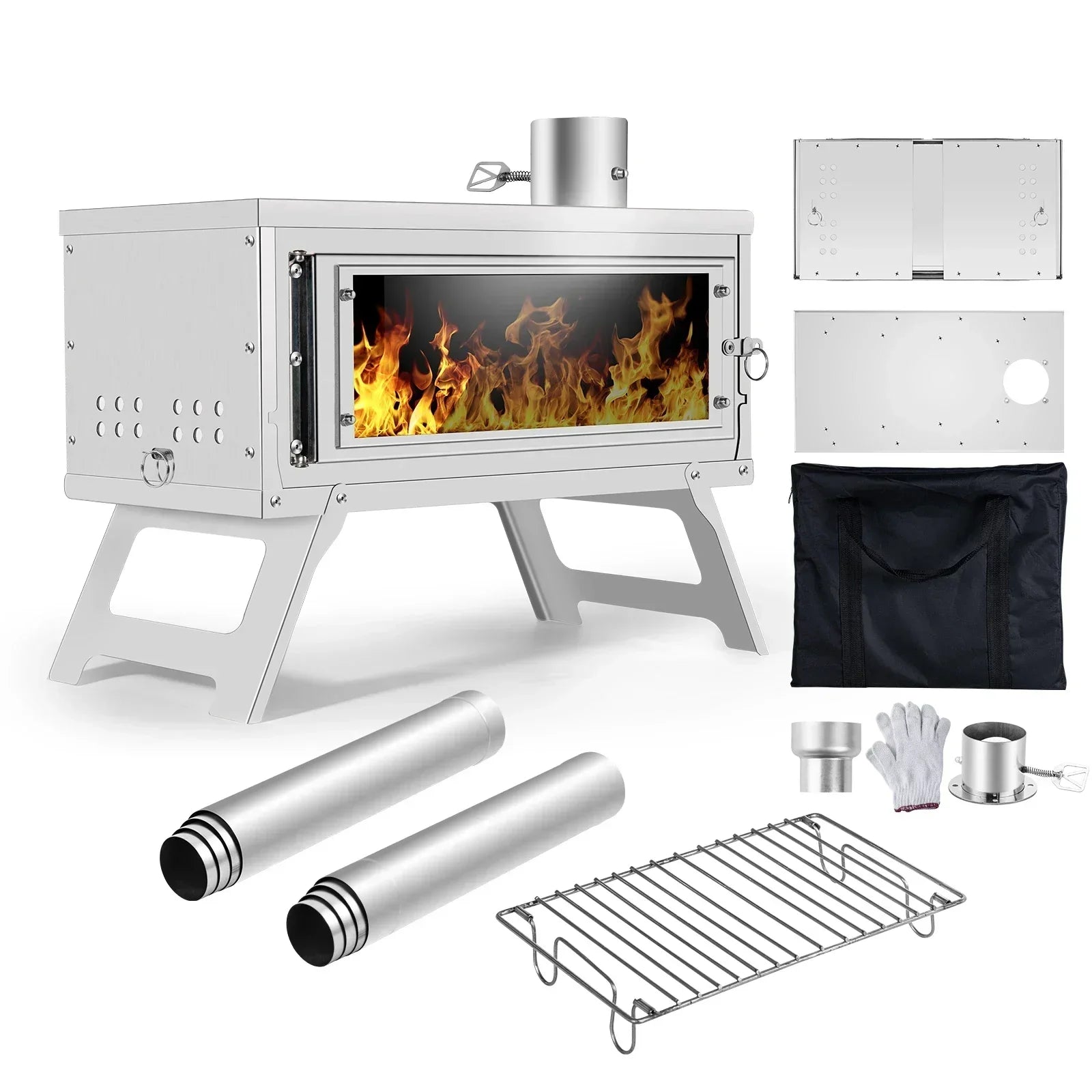 Portable Folding Wood Stove with Chimney Fastfold Tent Stove Silver-0