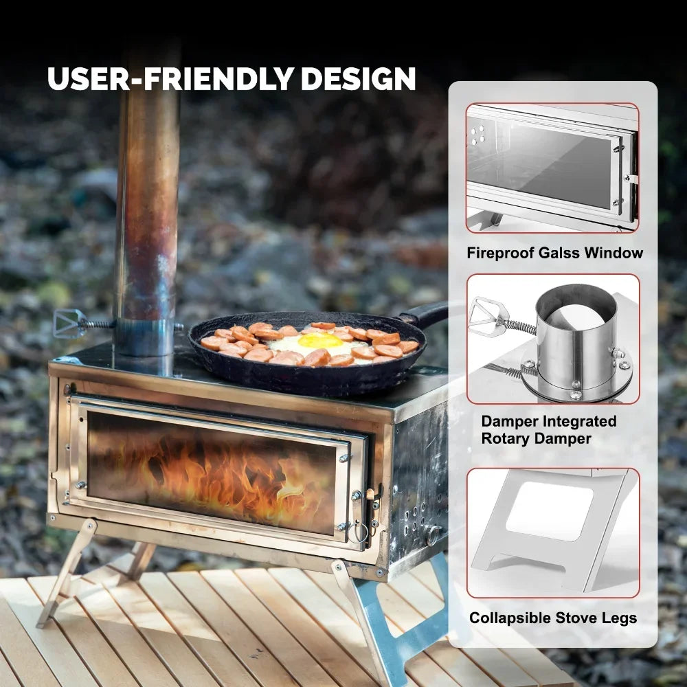 Portable Folding Wood Stove with Chimney Fastfold Tent Stove Silver-3
