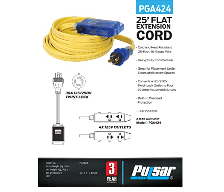 25' L5-30P to 3.5-15R 10 Gauge Flat Extension Cord w/ three 125V Household Outlets-1