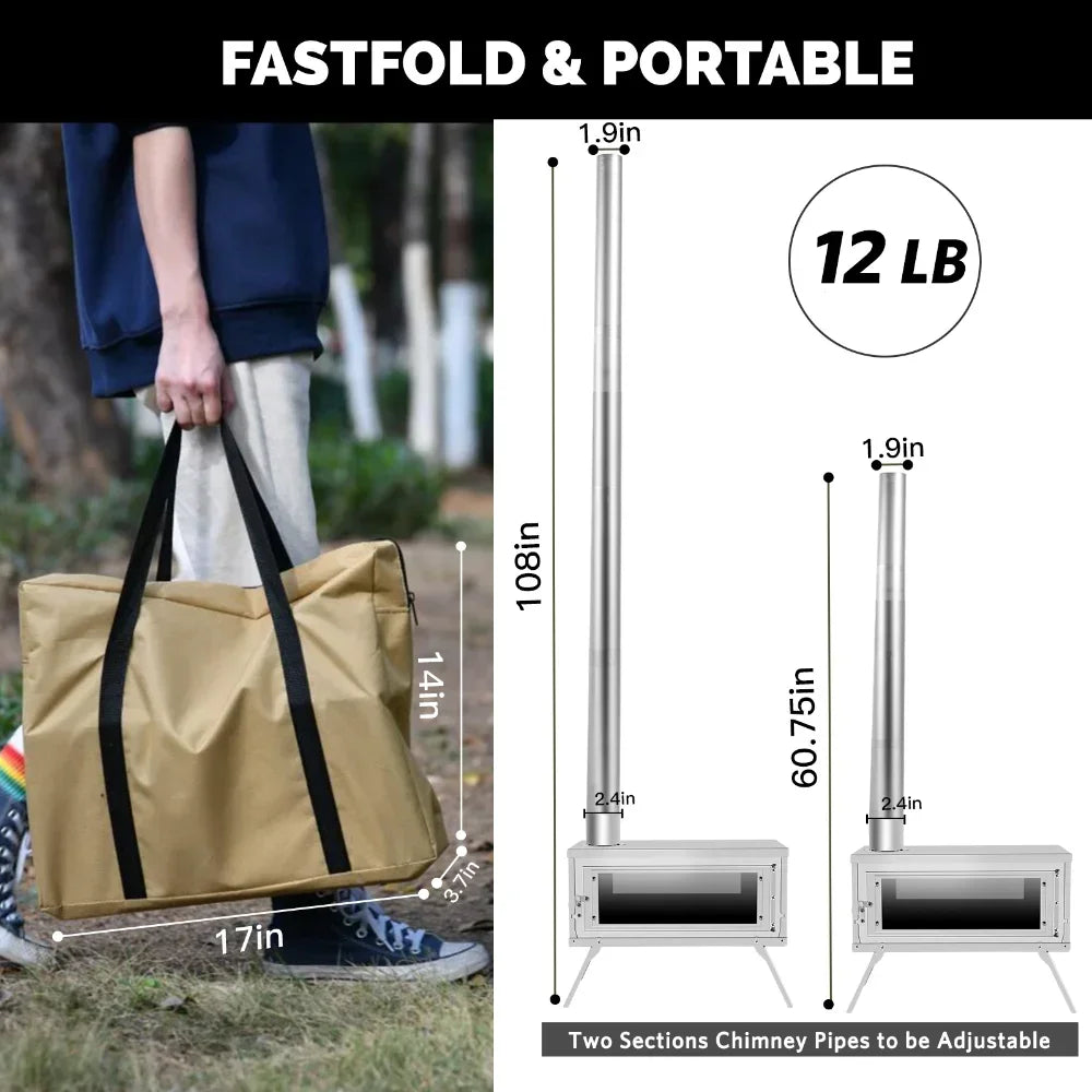 Portable Folding Wood Stove with Chimney Fastfold Tent Stove Silver-2
