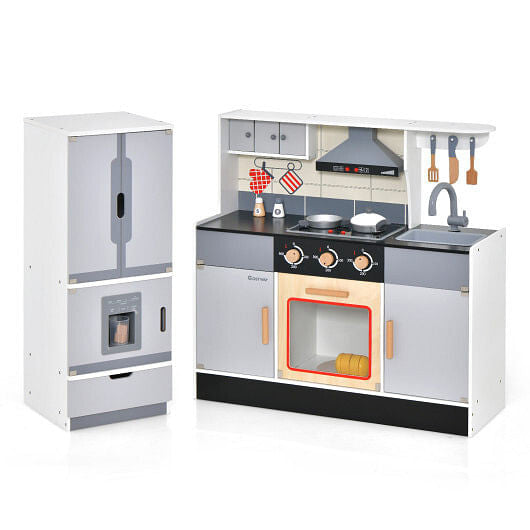 Wooden Chef Play Kitchen and Refrigerator with Realistic Range Hood and Roaster-0