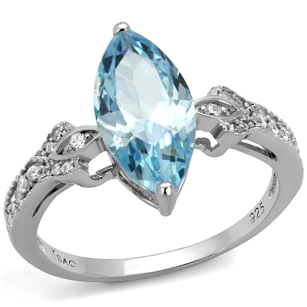 TS502 - Rhodium 925 Sterling Silver Ring with AAA Grade CZ in Sea Blue-4