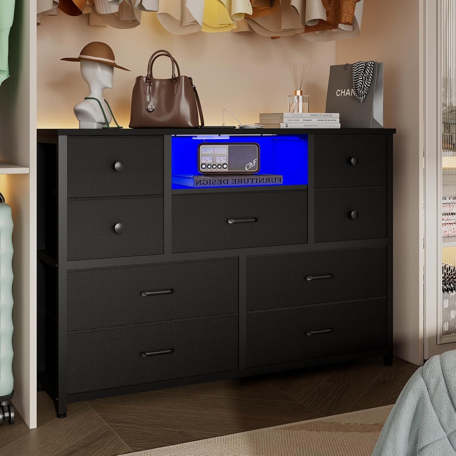 Charcoal Nine Drawer Wardrobe TV Stand With LED Lighting-3