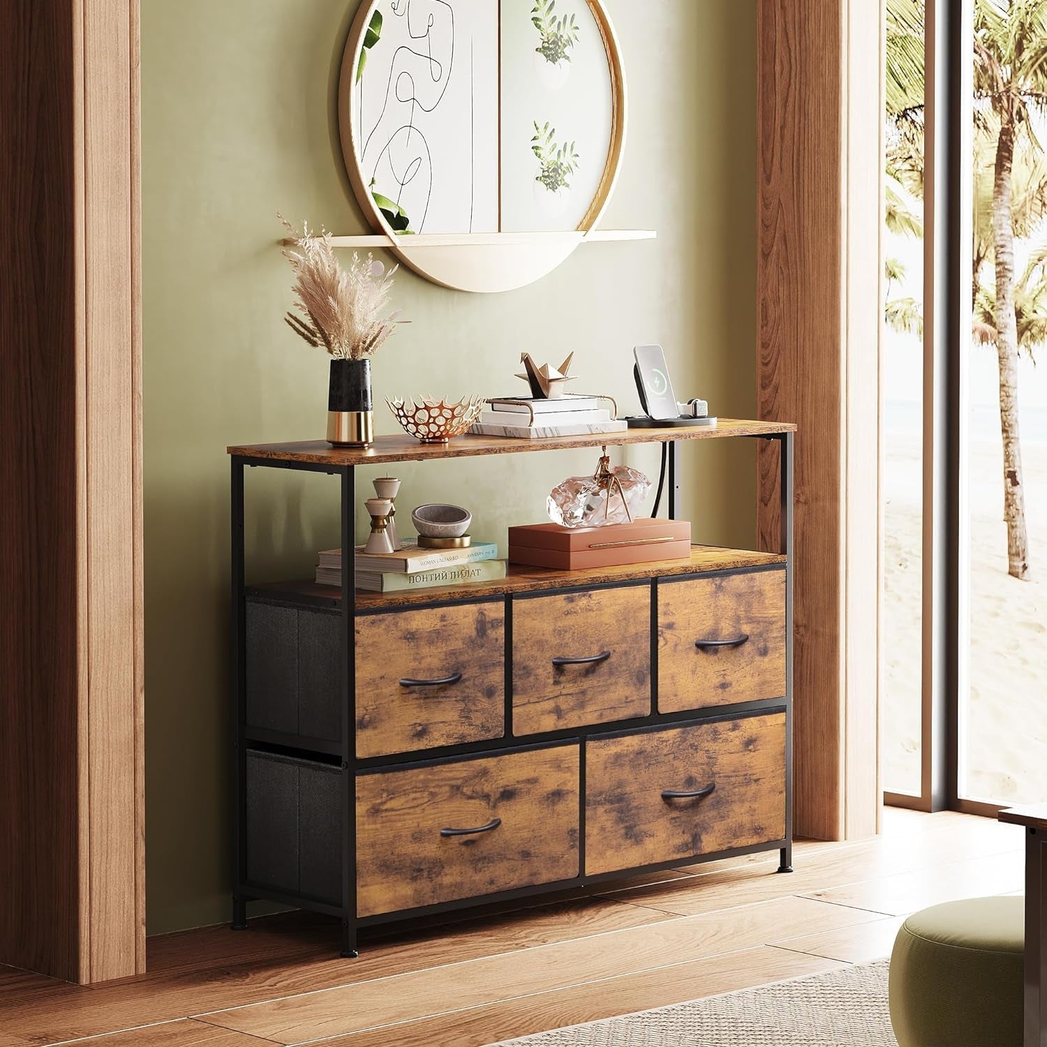 Rustic Brown TV Stand With Built In Charging Station-3