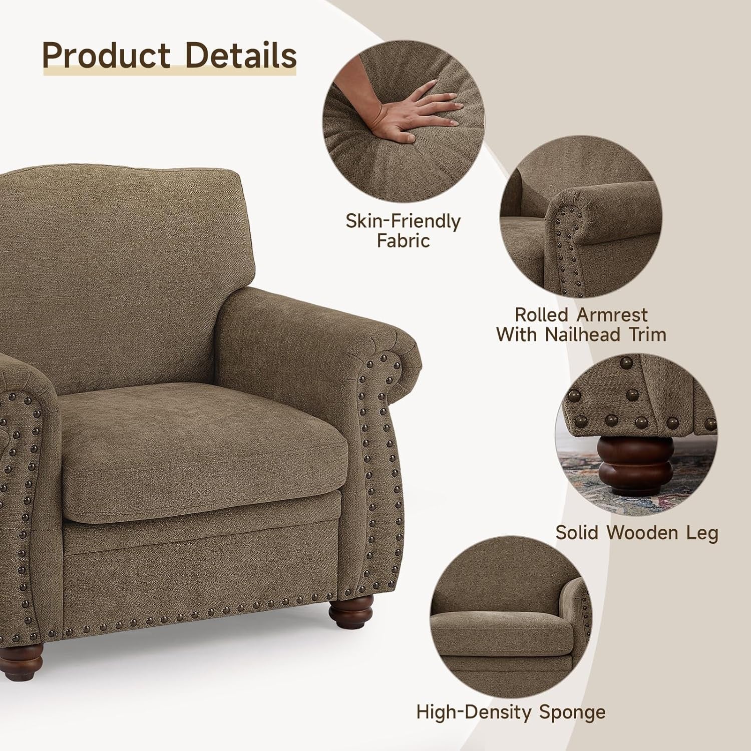 Brown Nailhead Trim Armchair For Living Room Decor Accent-2