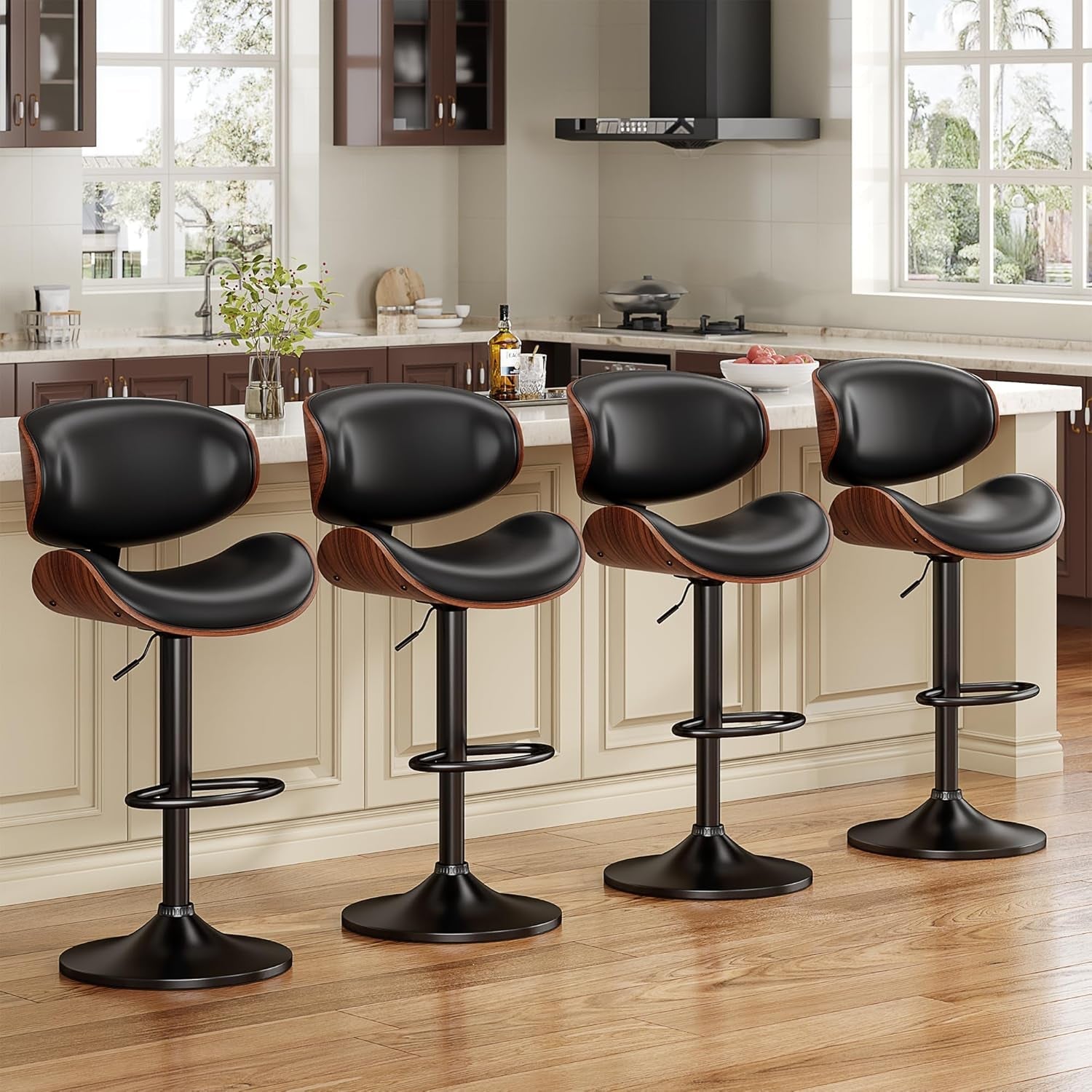 Contemporary Bentwood Adjustable PU Leather Bar Stools Set-1