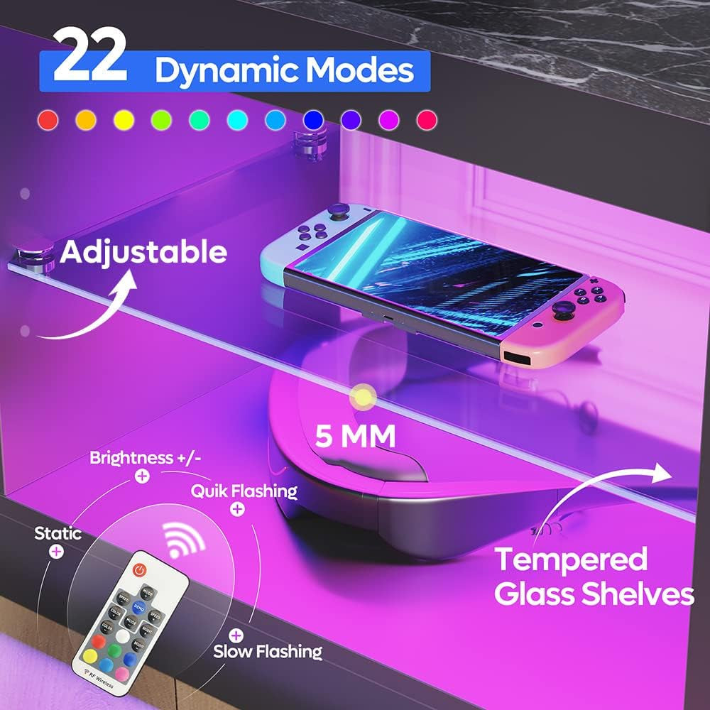 RGB LED Gaming TV Stand For 55Inch TV With Adjustable Glass Shelves Black Marble-1