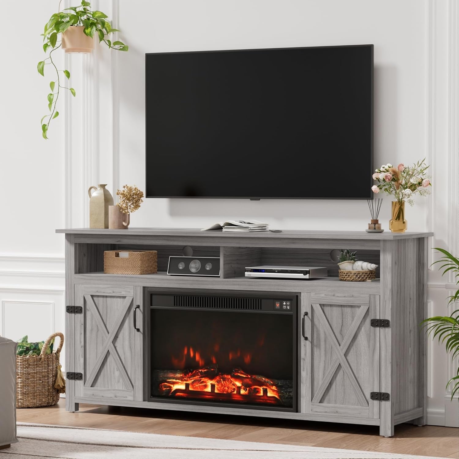 Rustic Fireplace TV Stand 65 Inch with Barn Doors Grey Wash-2
