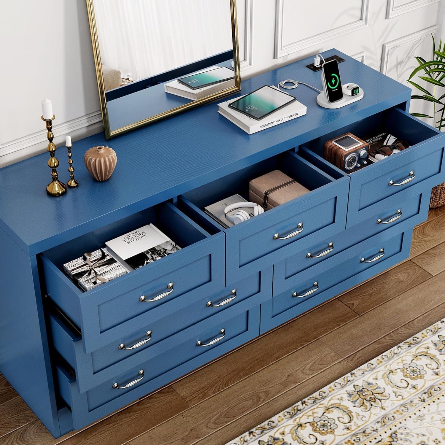 Blue 7-Drawer TV Stand for 65 Inch TV With Power Outlets-2