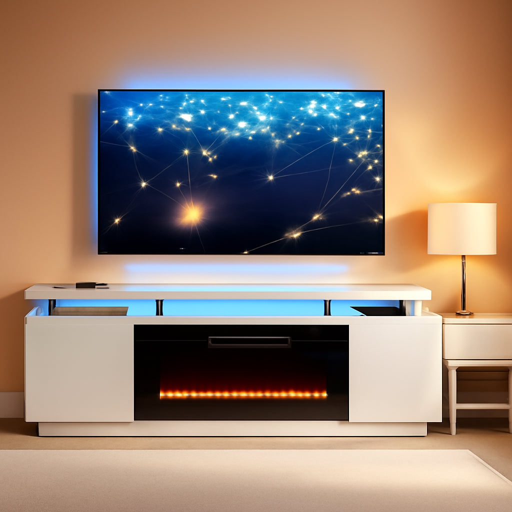 80 Inch White Electric Fireplace TV Stand With LED Lights-0