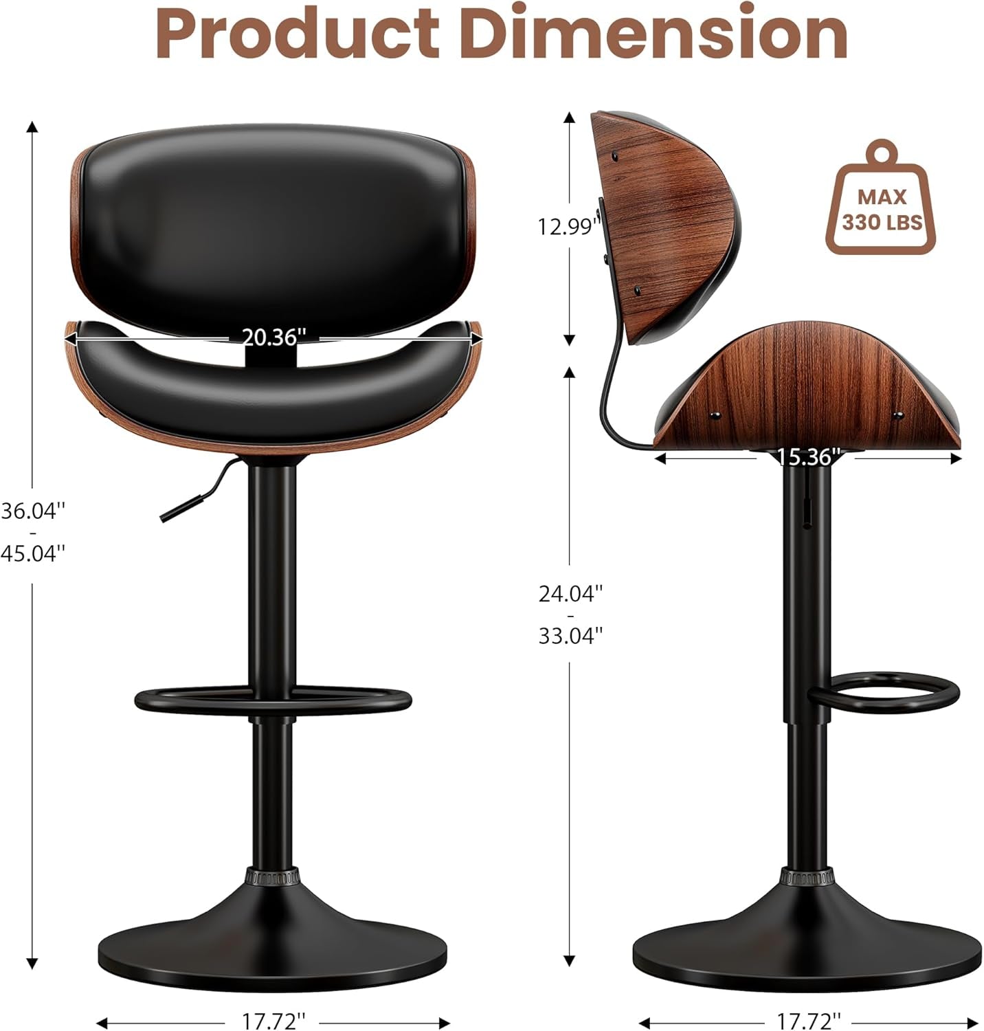 Contemporary Bentwood Adjustable PU Leather Bar Stools Set-2