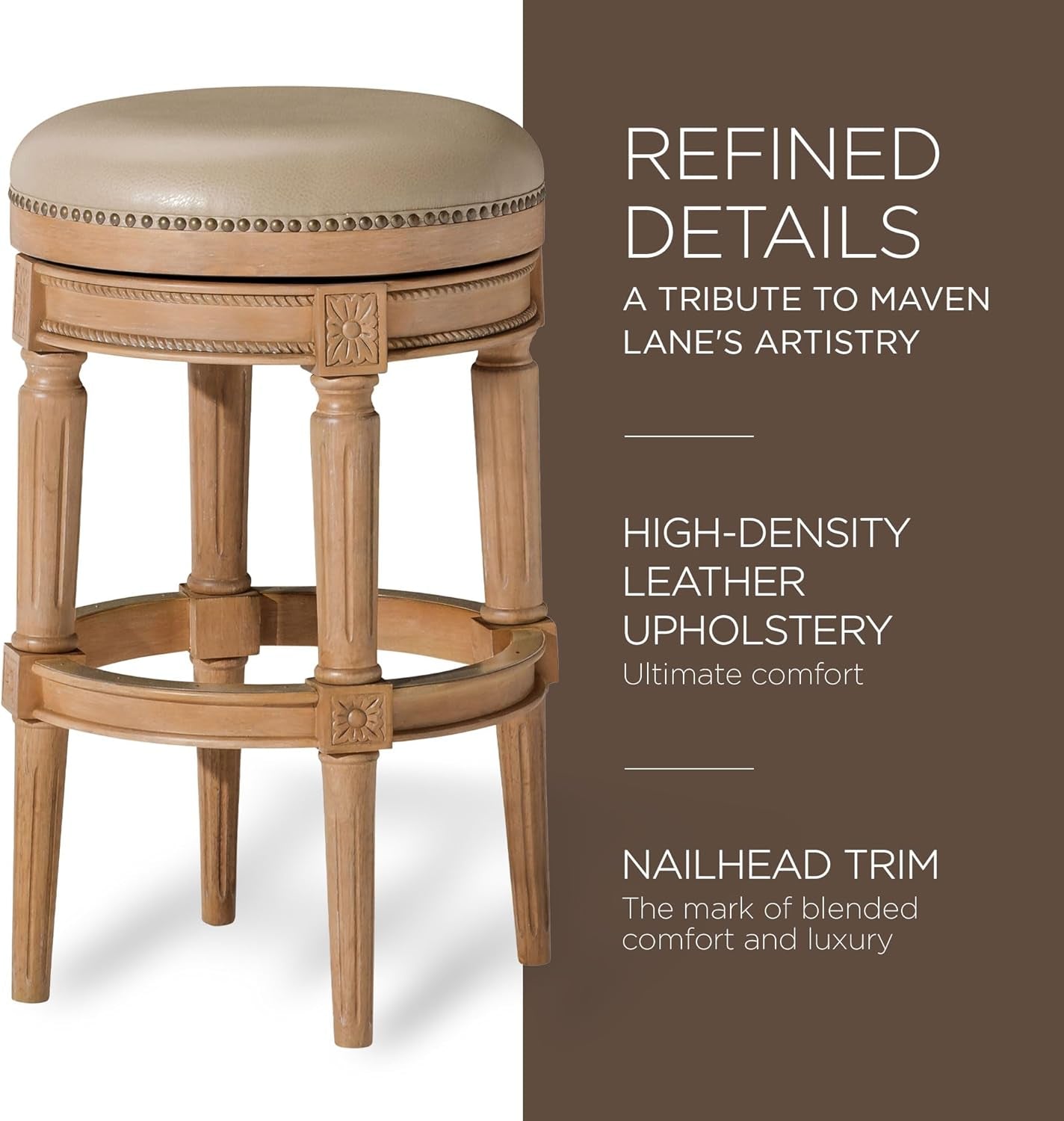 Pullman 31 Inch Tall Bar Height Upholstered Backless Barstool in Weathered Oak Finish with Avanti Brown Vegan Leather Cushion Seat-3