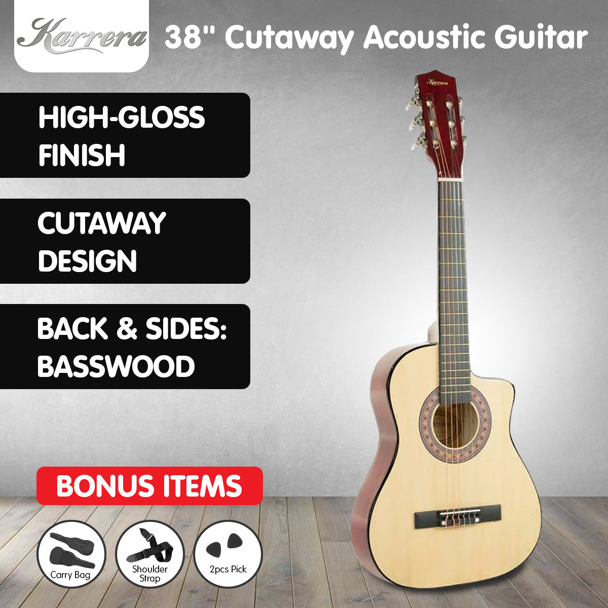 NNEDPE 38in Cutaway Acoustic Guitar with guitar bag - Natural-1