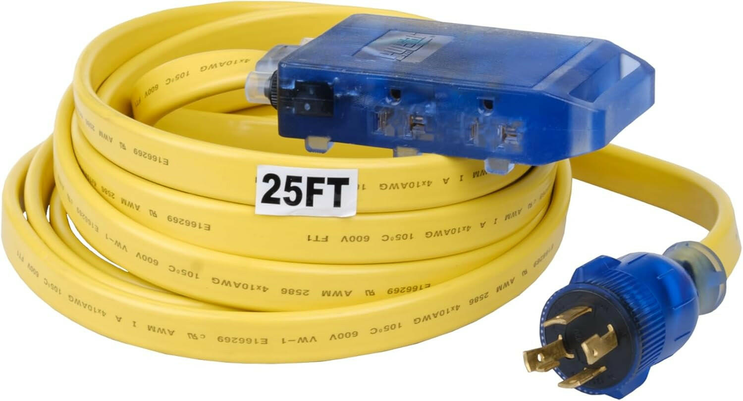 25' L5-30P to 3.5-15R 10 Gauge Flat Extension Cord w/ three 125V Household Outlets-0