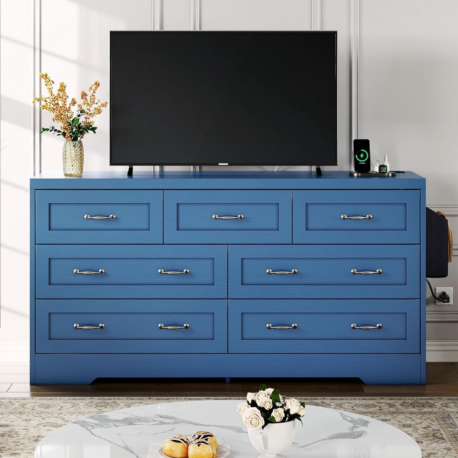 Blue 7-Drawer TV Stand for 65 Inch TV With Power Outlets-3