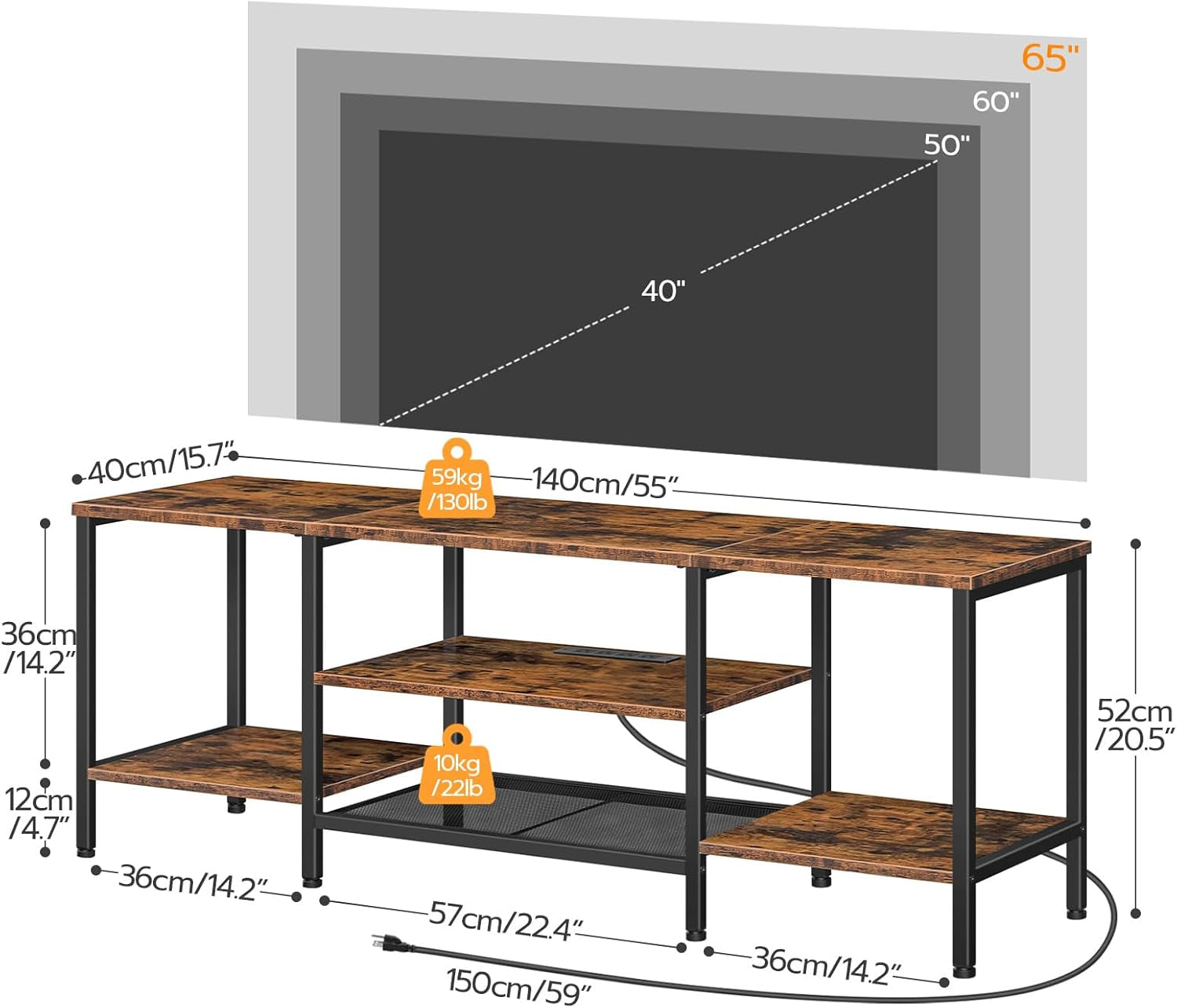 TV Stand With Power Outlets For 65 Inch TV Open Shelves-2