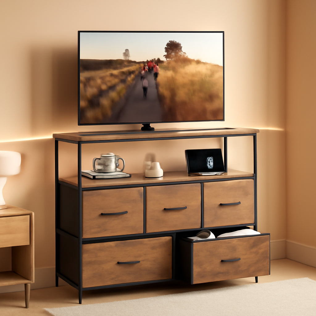 Rustic Brown TV Stand With Built In Charging Station-0