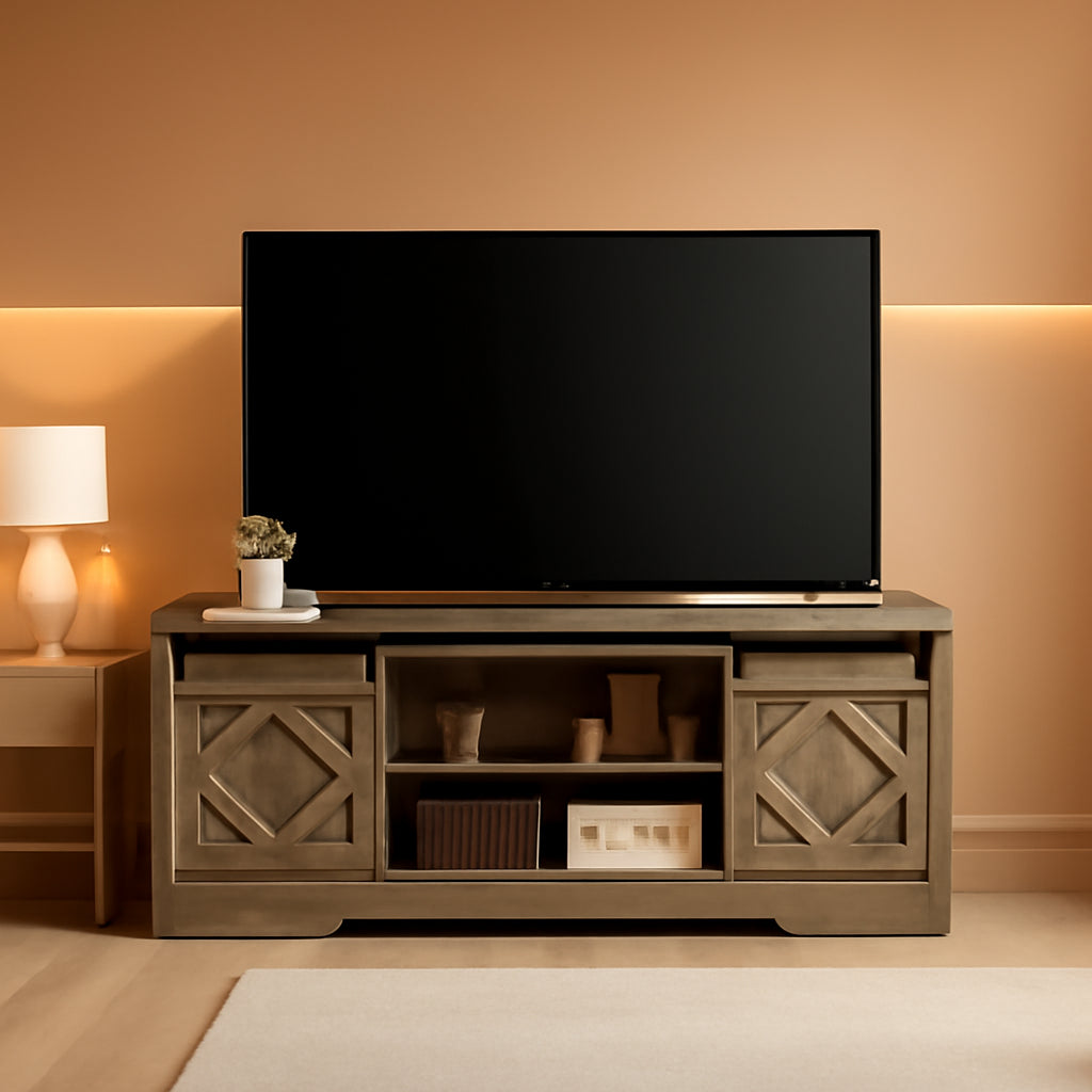 Farmhouse Sliding Barn Door TV Stand 65 Inch TV Wash Grey-0