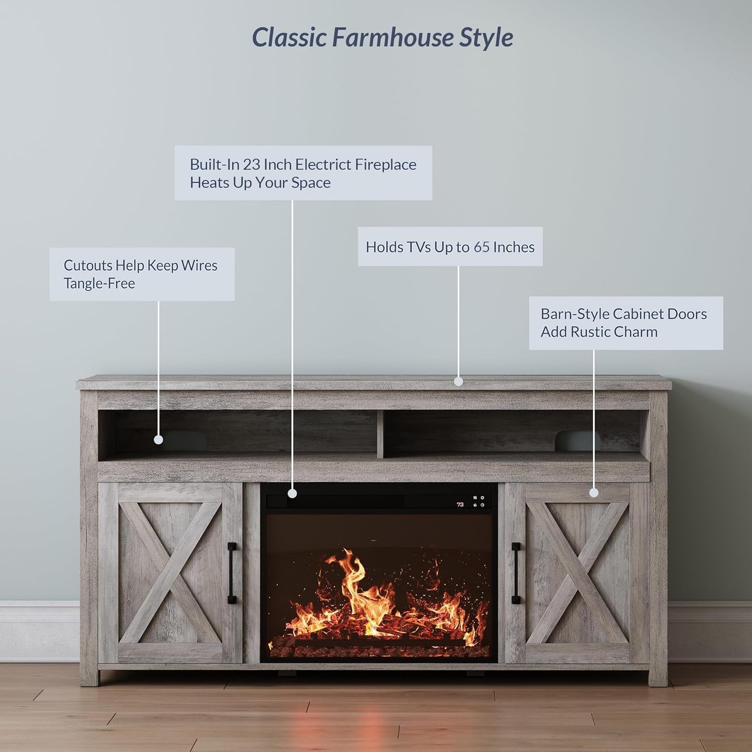 Barn Door Electric Fireplace TV Stand For 65 Inch TVs Gray-2