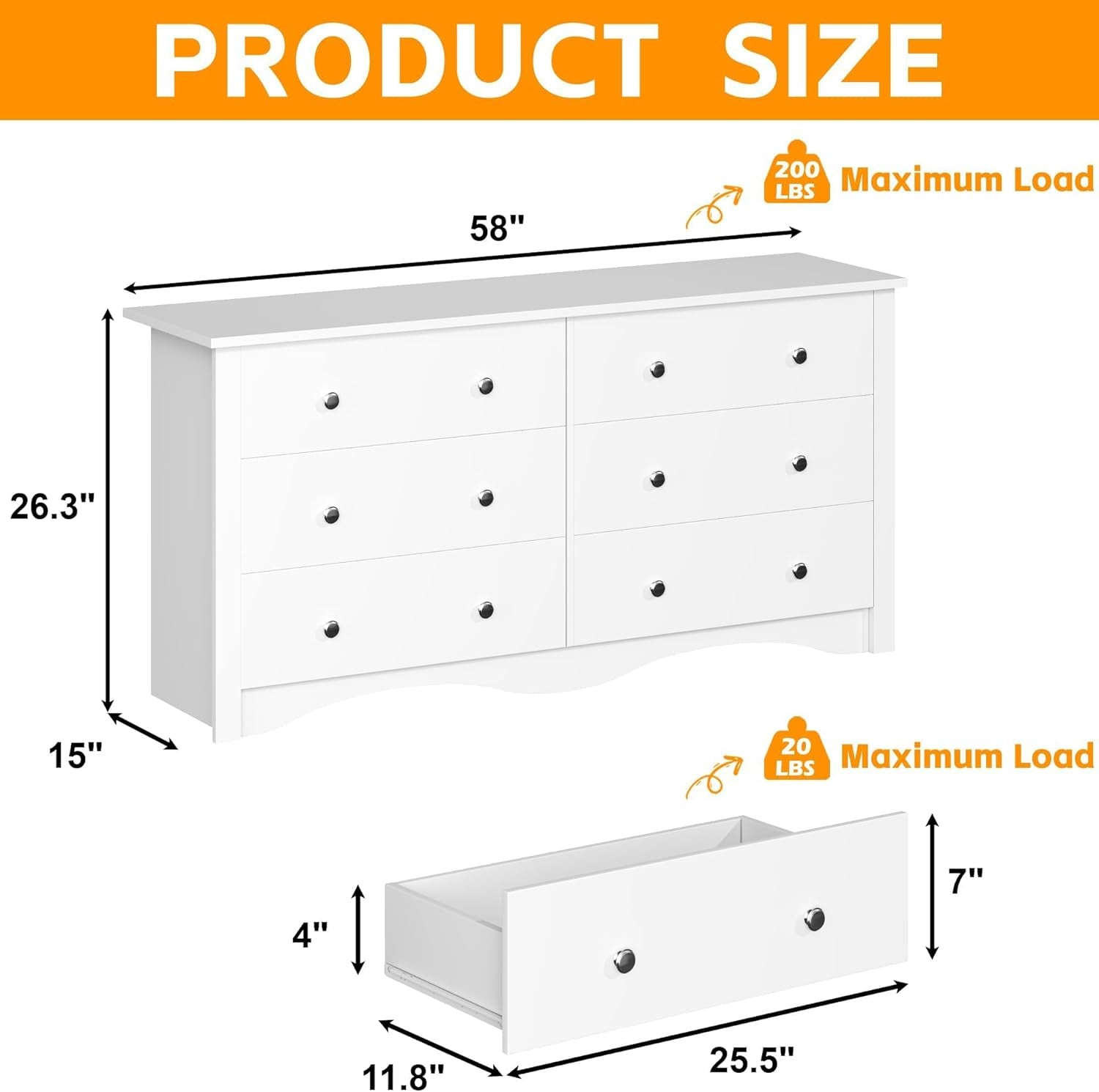6 Drawer Dresser and TV Stand in White for 65 Inch TV-2