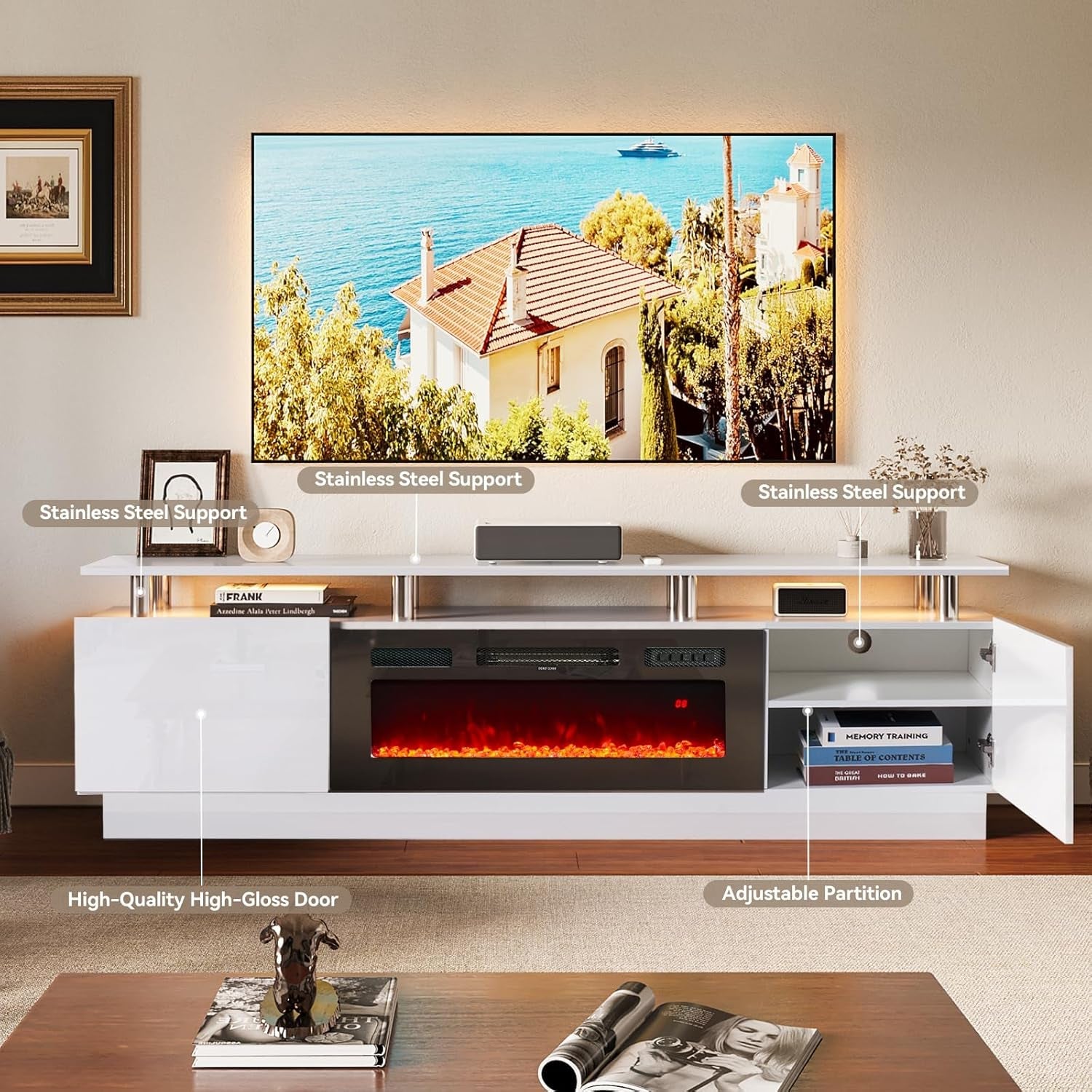 80 Inch White Electric Fireplace TV Stand With LED Lights-2
