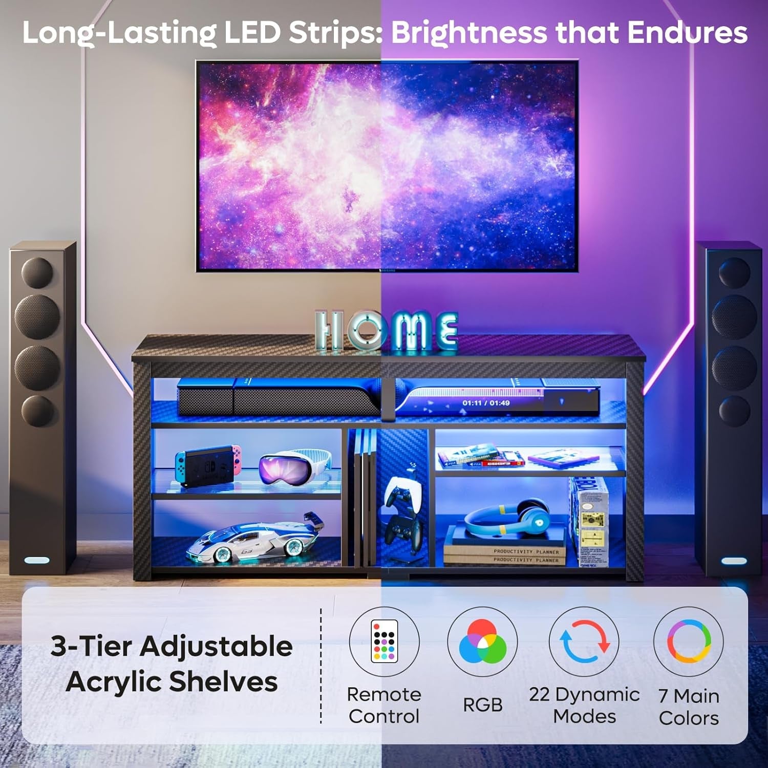 LED Tall TV Stand For 55-65 TV With Adjustable Shelves-3