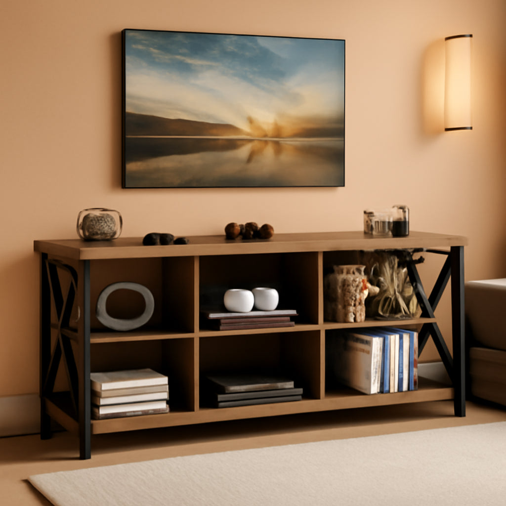 59 Inch Rustic Industrial TV Stand With Adjustable Shelves-0