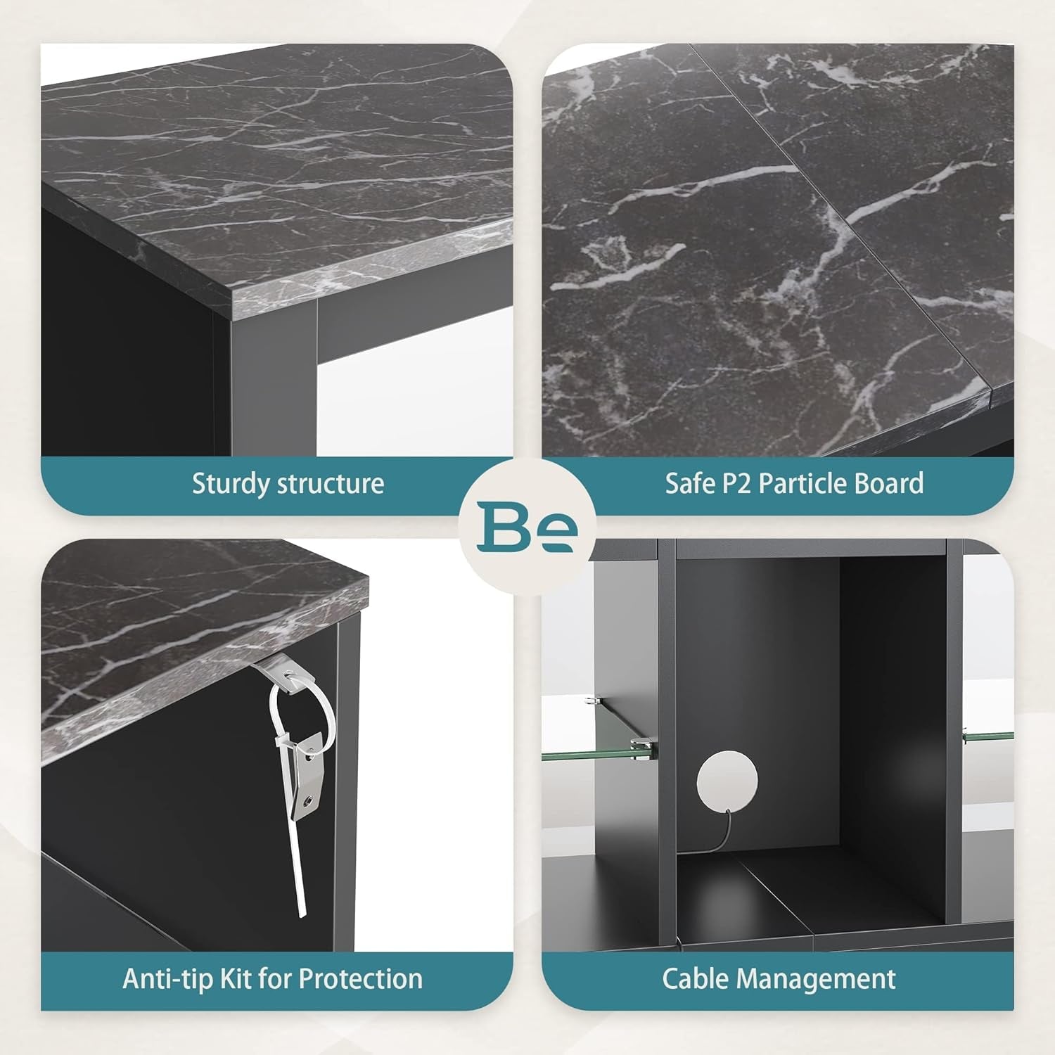 RGB LED Gaming TV Stand For 55Inch TV With Adjustable Glass Shelves Black Marble-2