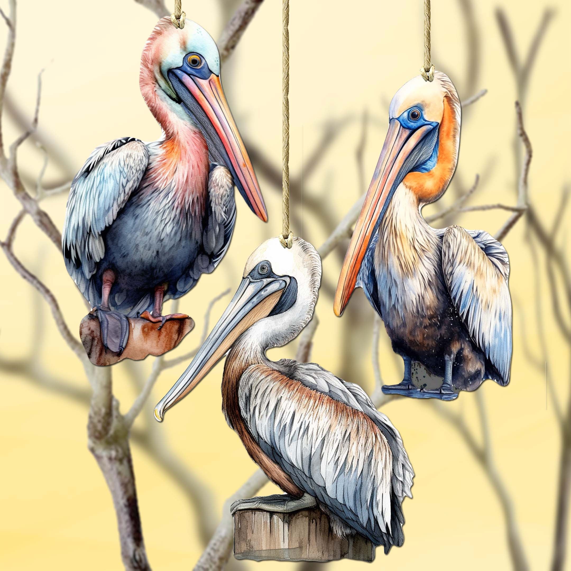 Pelicans Decorative Wooden Ornaments of 3 by G. Debrekht - Coastal Decor - 8091014-S3-1