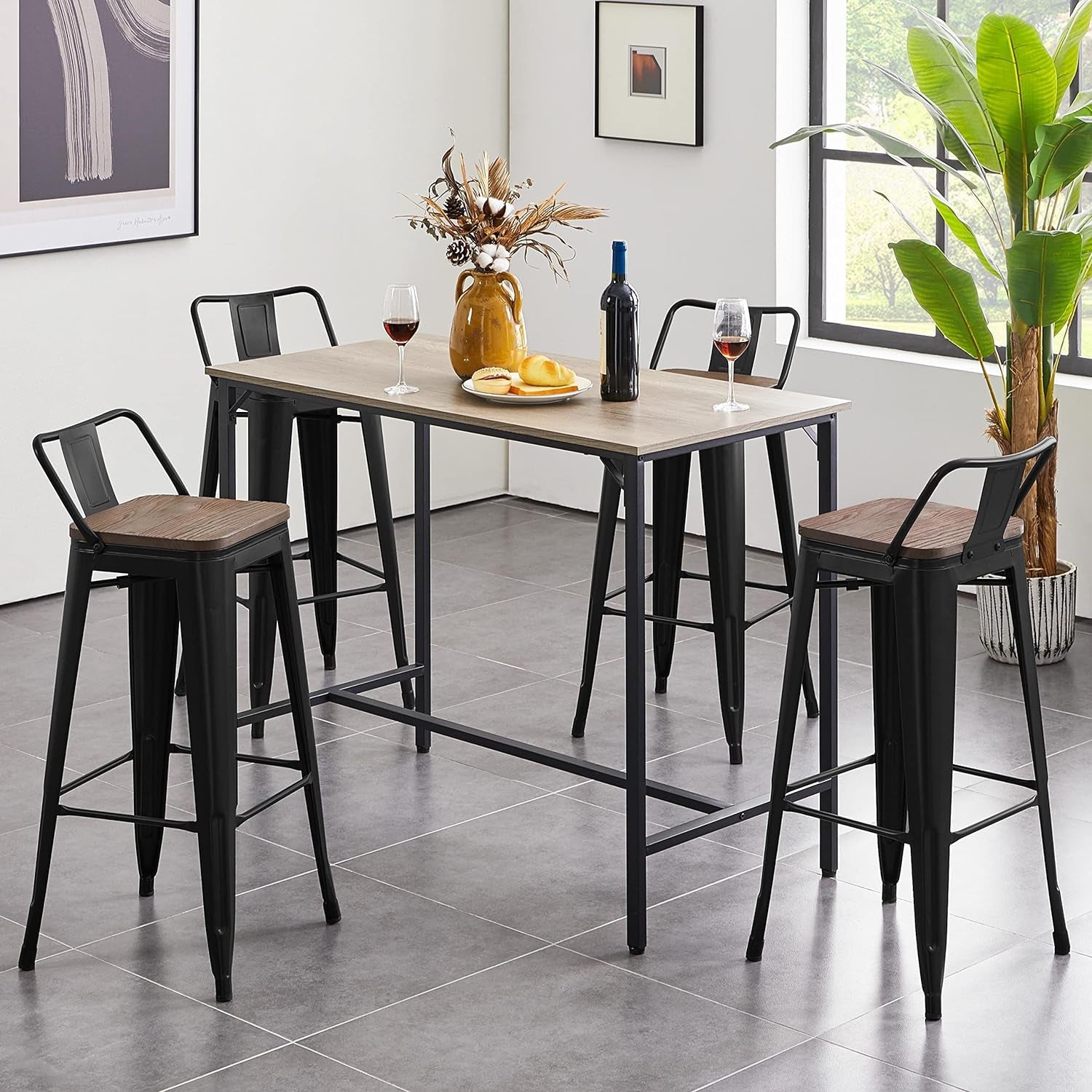 30" Metal Barstools Set of 4 Bar Height Bar Stools with Wooden Top Low Back Industrial Bar Stools Metal Stool for Indoor-Outdoor Counter Stools with Wooden Seat Matte Black-1