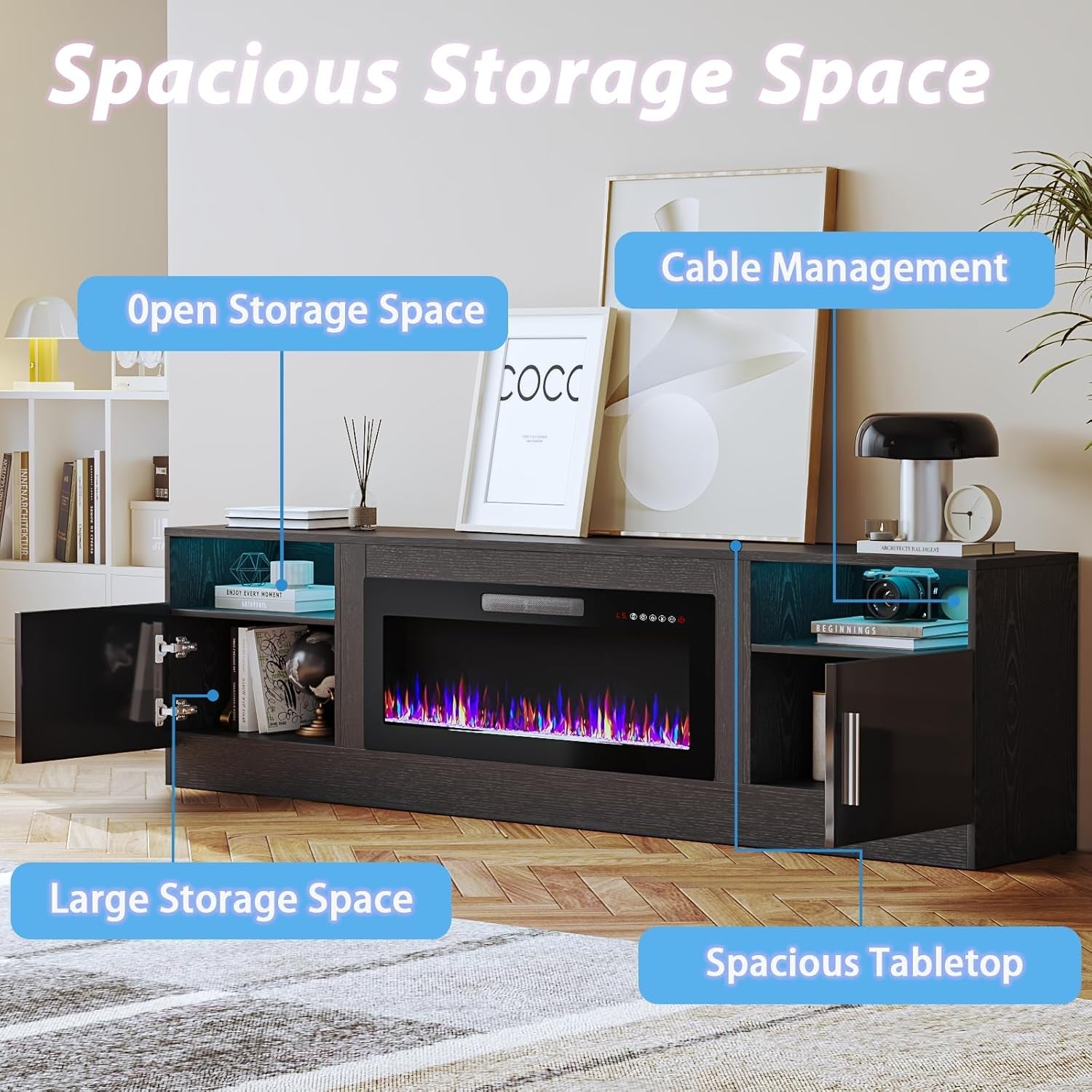 80 Inch TV Stand Electric Fireplace With LED Lighting Black-3