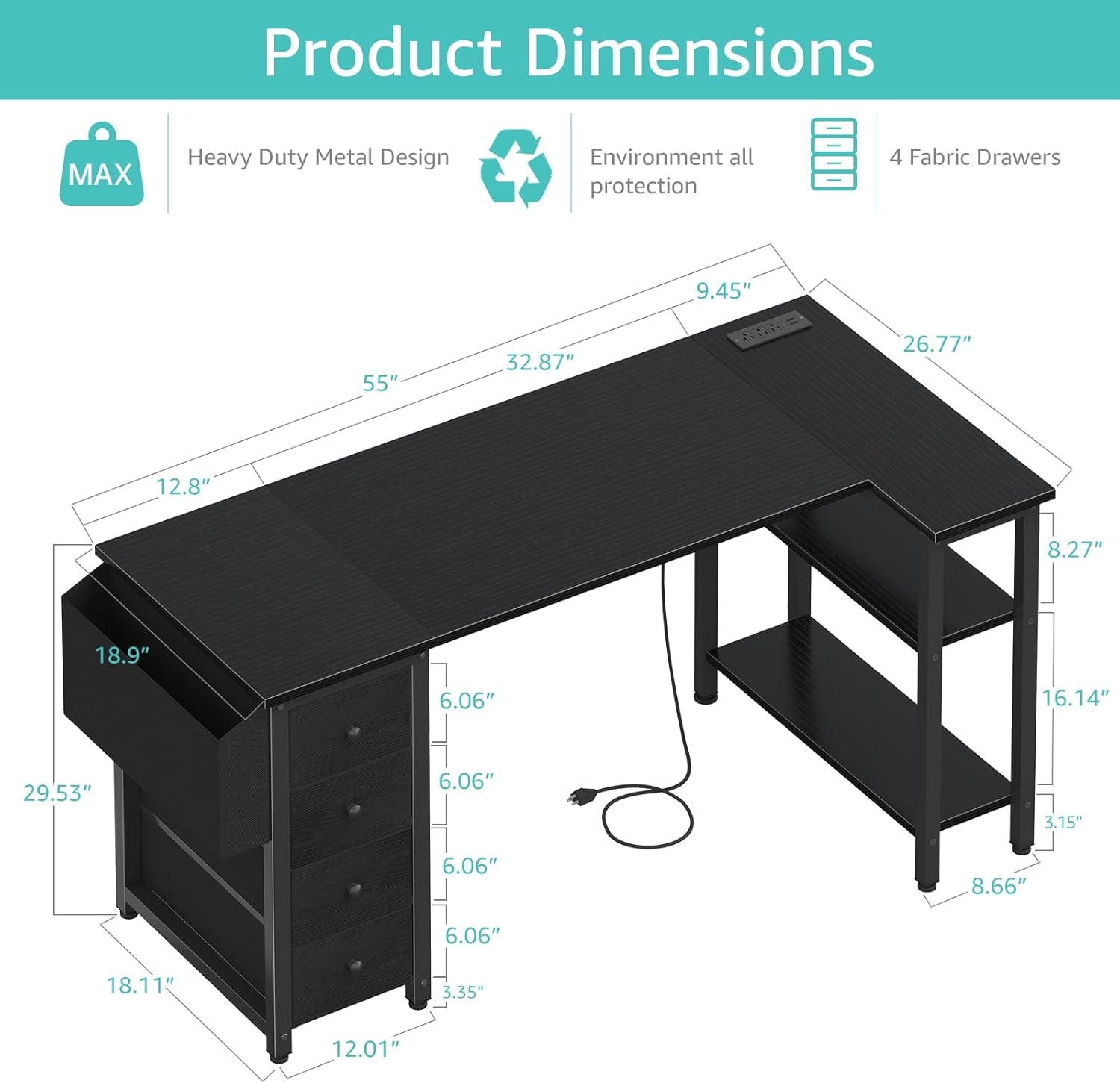 L Shaped Gaming Desk with Drawers & Storage Shelves, 55 Inch Corner Computer Desk with Power Outlet for Home Office Bedroom, L-Shaped Teen PC Desks with Fabric Drawer, Black-2