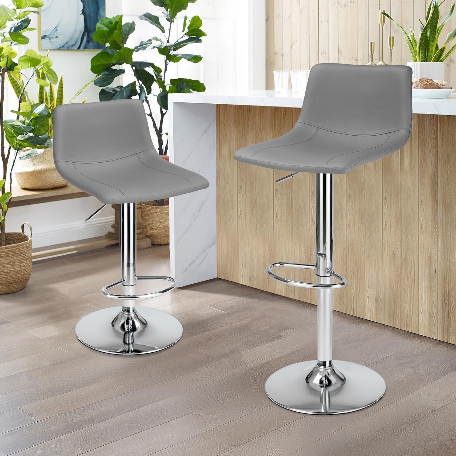 Modern Grey PU Leather Swivel Bar Stools Set-3