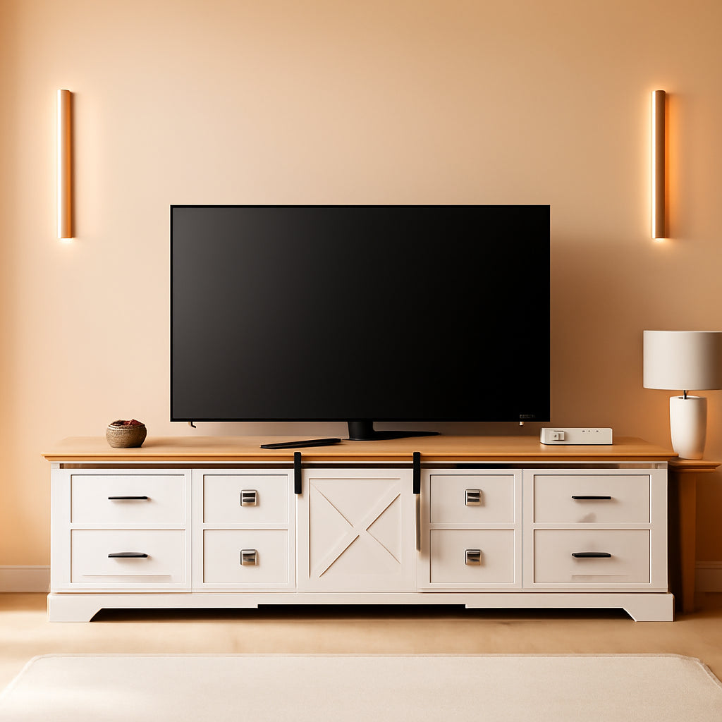 Farmhouse TV Stand Antique White With Charging USB Ports-0