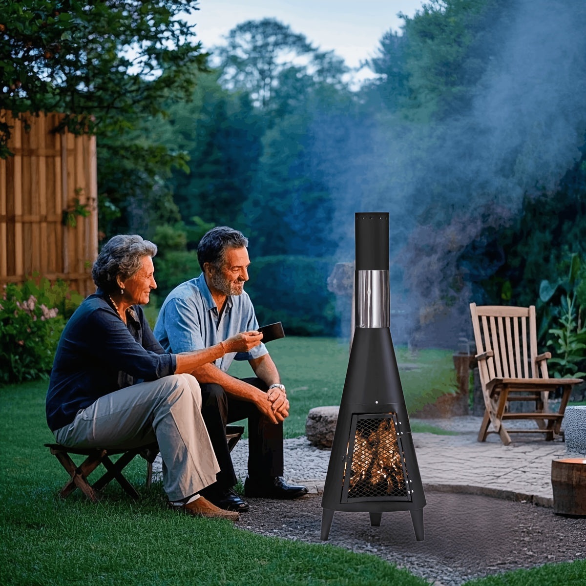 NNETM Outdoor Chimney Fireplace with Mesh Door Black Steel-2