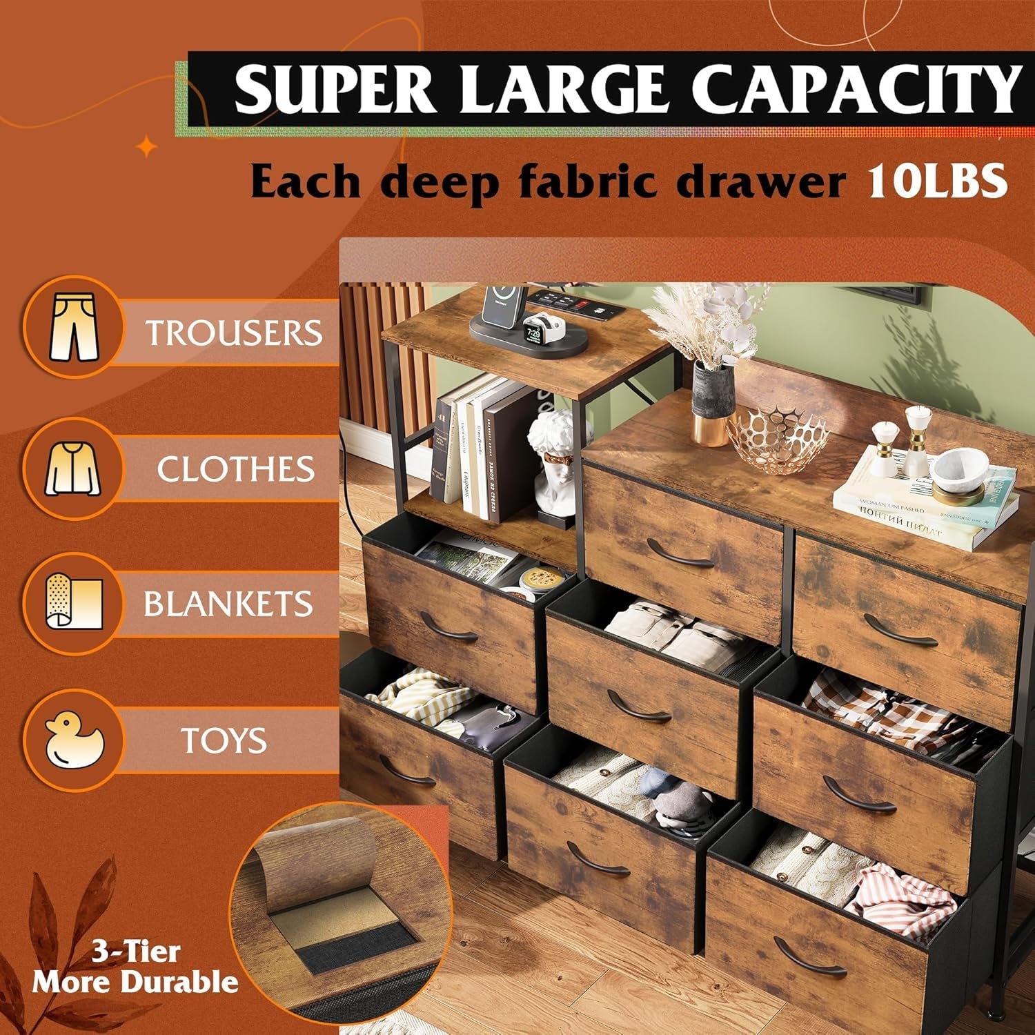 Dresser TV Stand With Charging Station And 8 Fabric Drawers-4