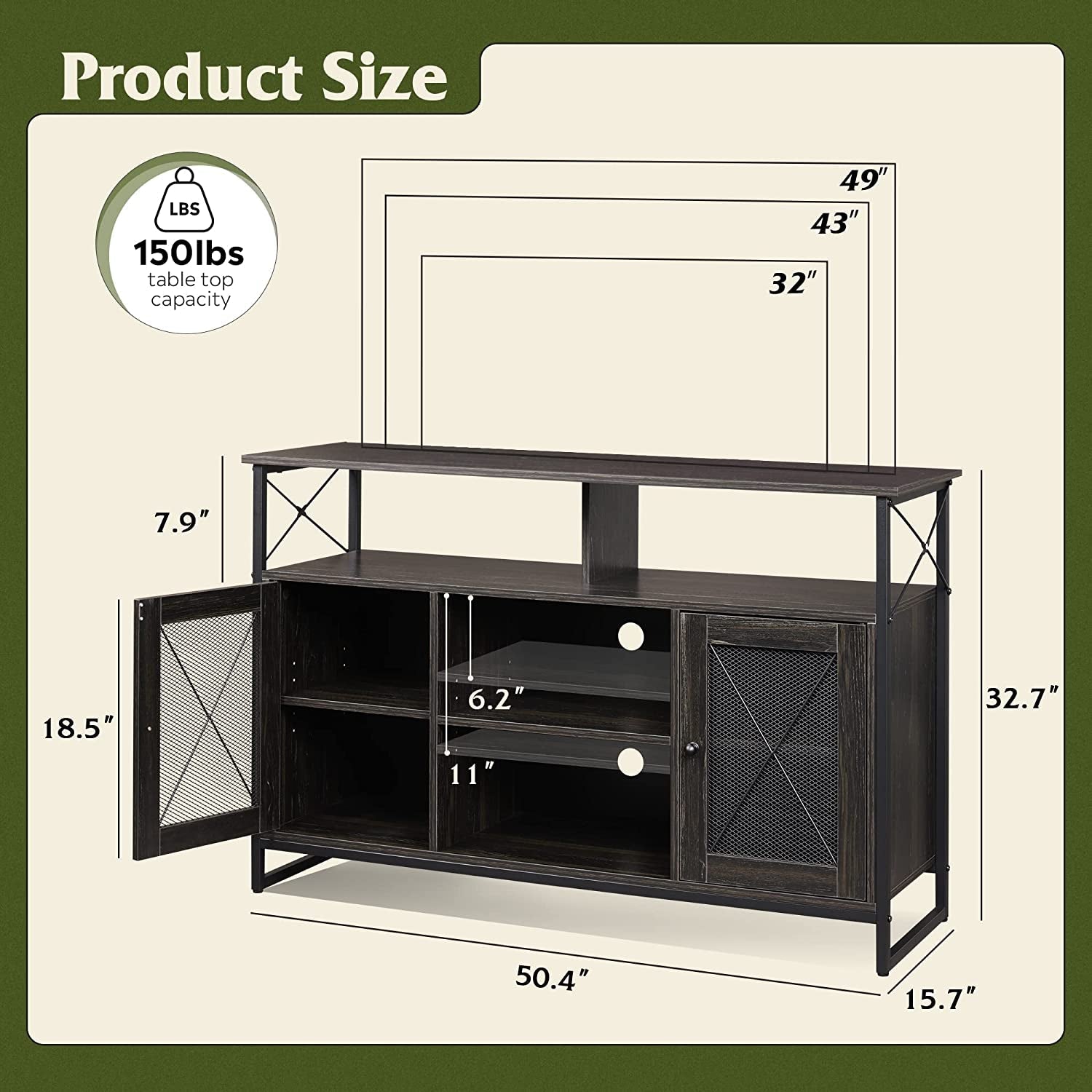 55 Inch TV Stand With Storage Console Industrial Farmhouse-3