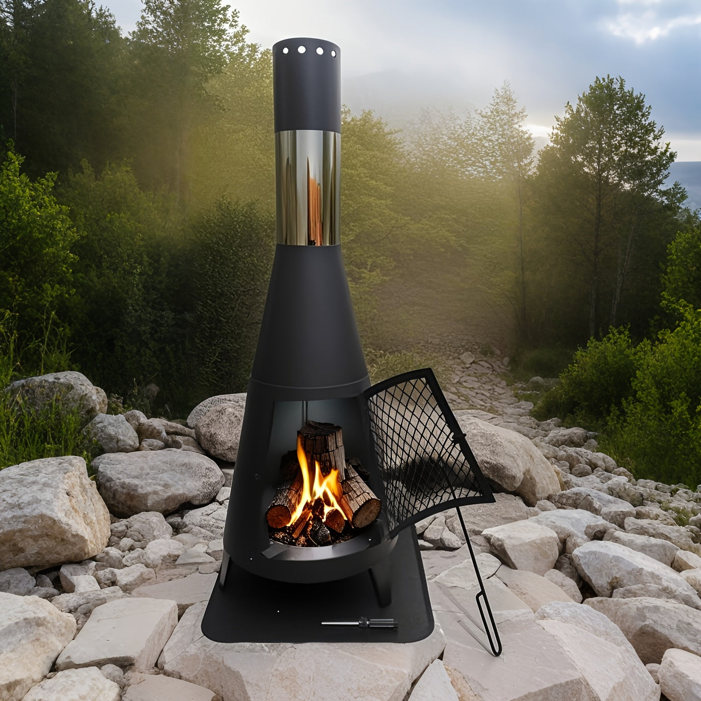 Outdoor Chimney Fireplace with Mesh Door Black Steel-4