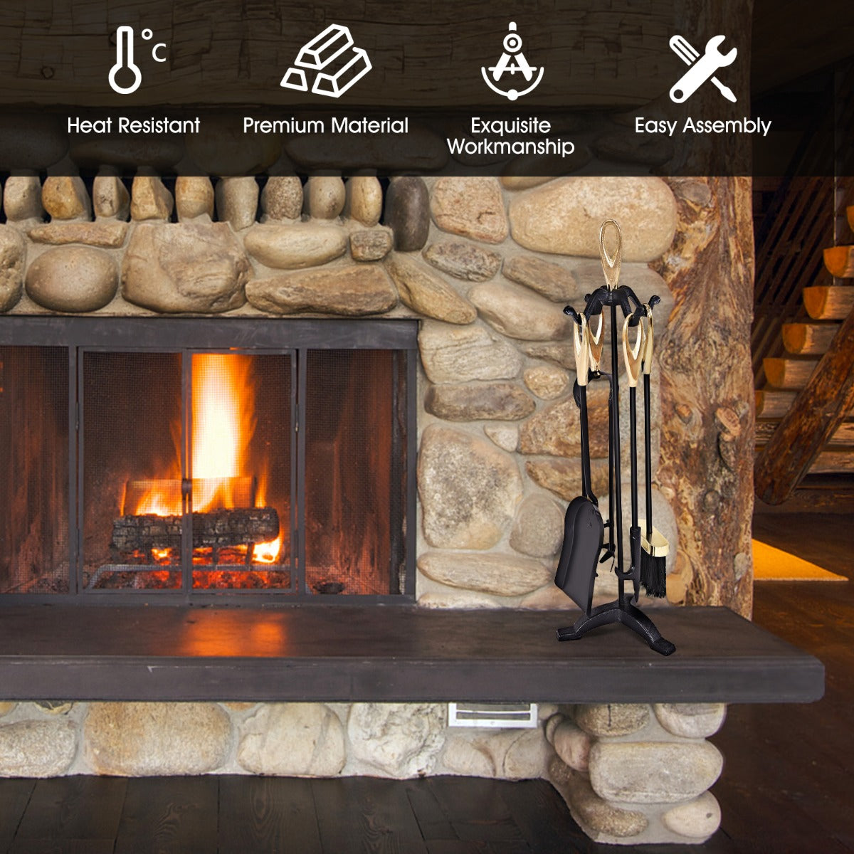 NNECW 5 Pieces Iron Fireplace Set with Broom & Shovel & Poker & Tongs & Stand-2