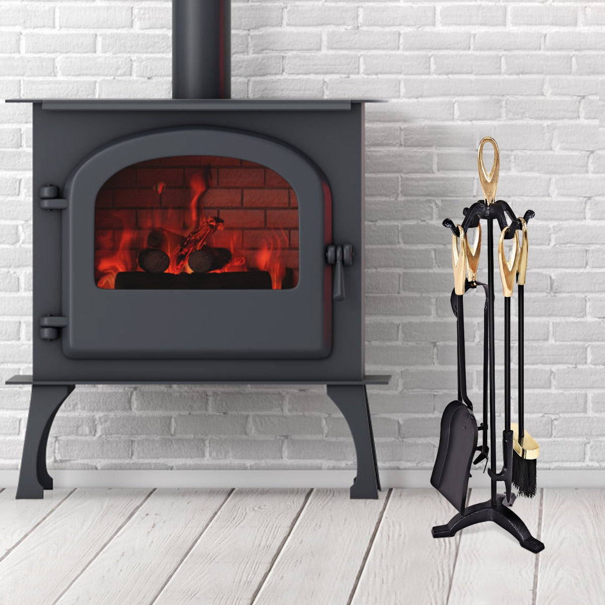 NNECW 5 Pieces Iron Fireplace Set with Broom & Shovel & Poker & Tongs & Stand-0