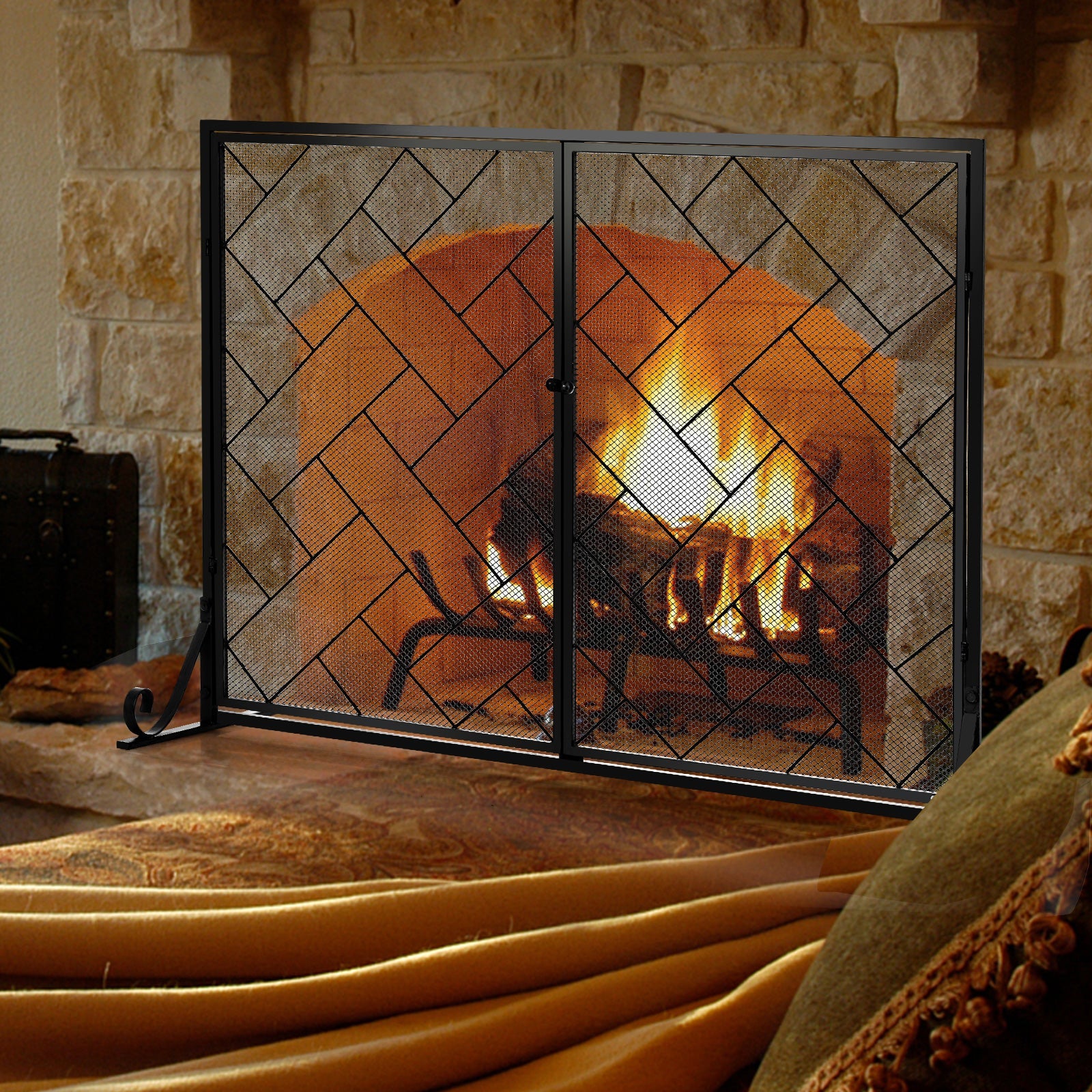 NNECW 2-Panel Fireplace Screen with Double Door-Black-0