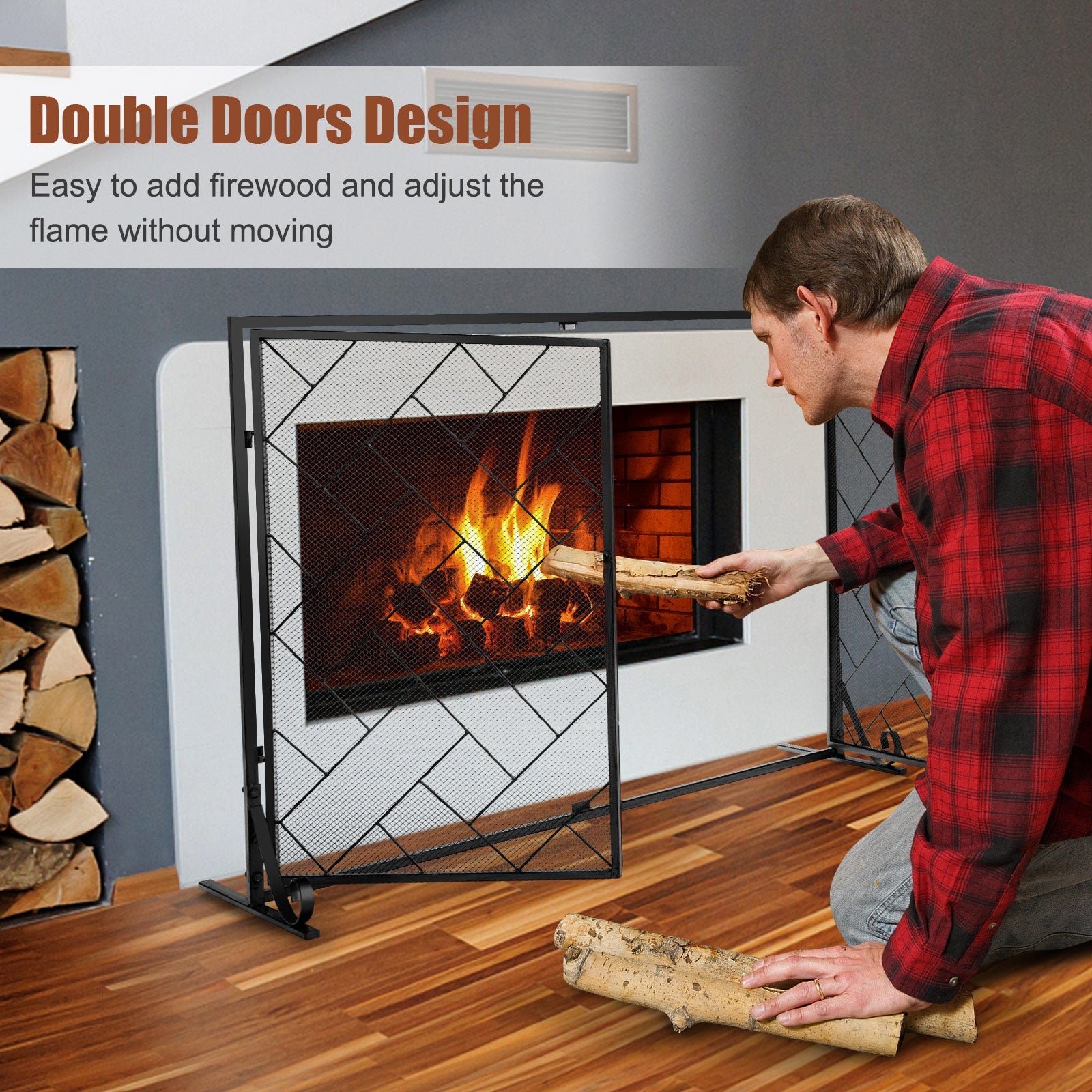 NNECW 2-Panel Fireplace Screen with Double Door-Black-2