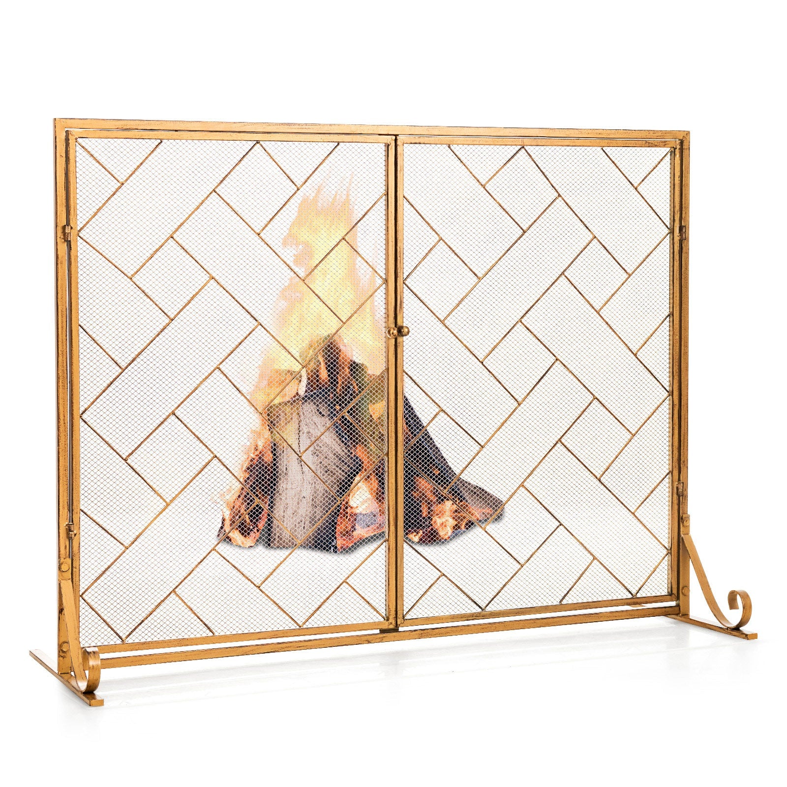 NNECW 2-Panel Fireplace Screen with Double Door-Golden-1