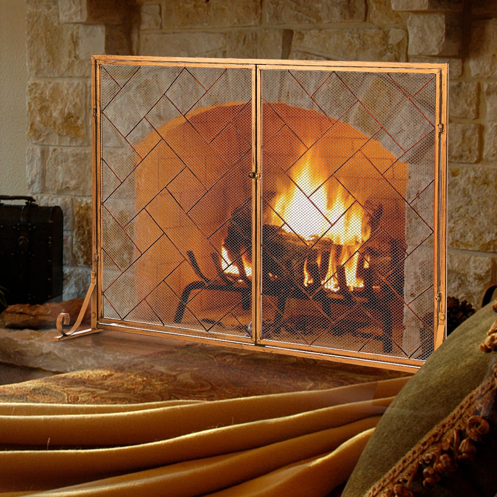 NNECW 2-Panel Fireplace Screen with Double Door-Golden-0