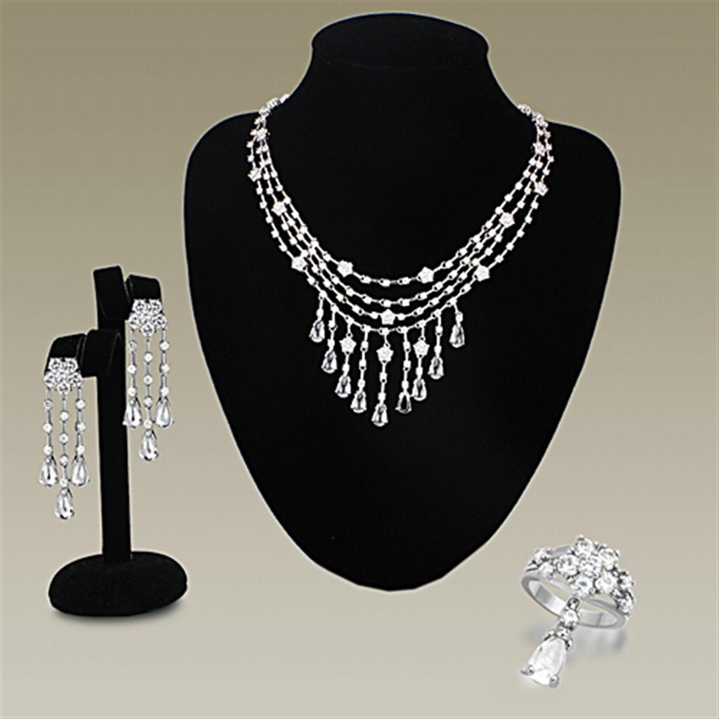 LO3076 - Rhodium Brass Jewelry Sets with AAA Grade CZ in Clear-0