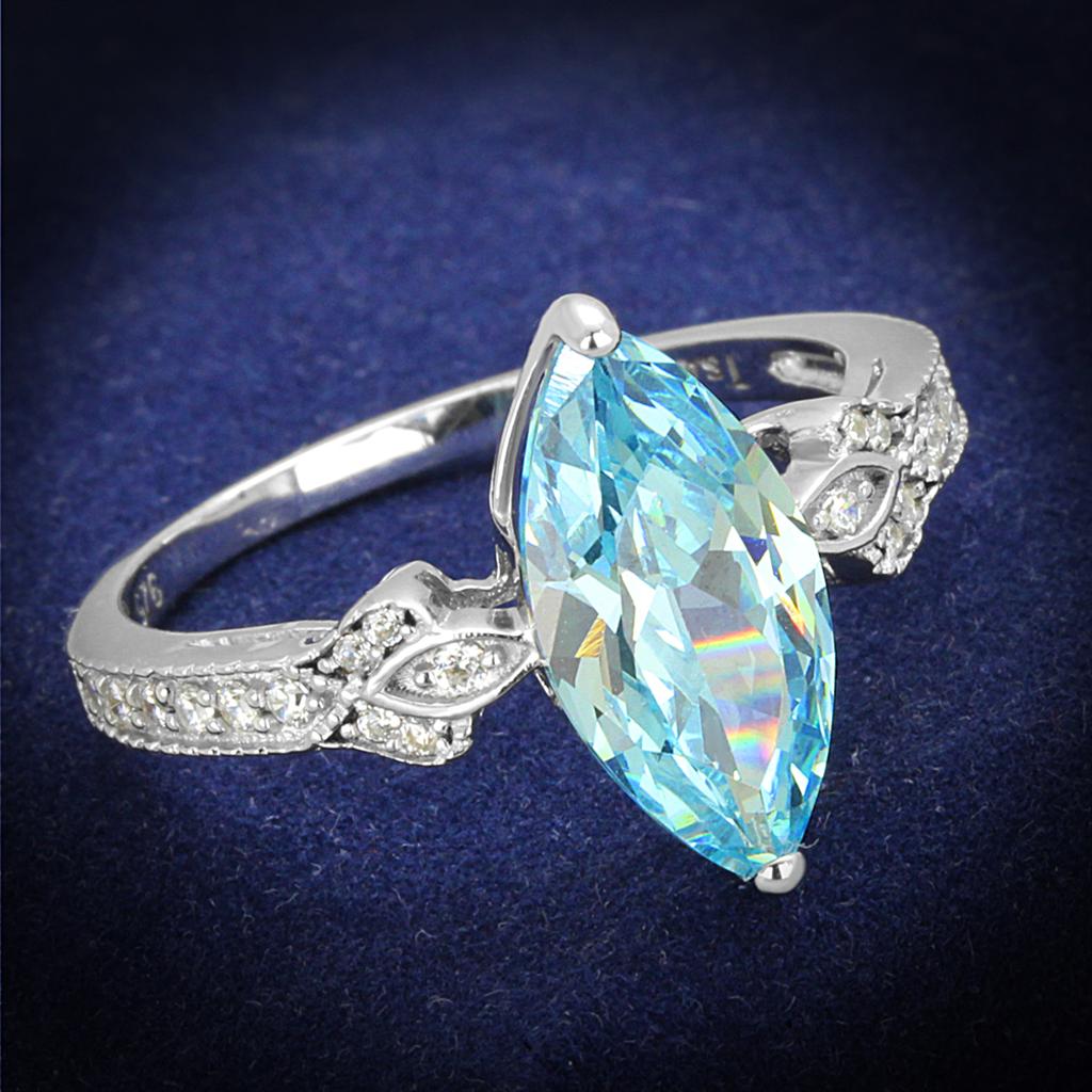 TS502 - Rhodium 925 Sterling Silver Ring with AAA Grade CZ in Sea Blue-0