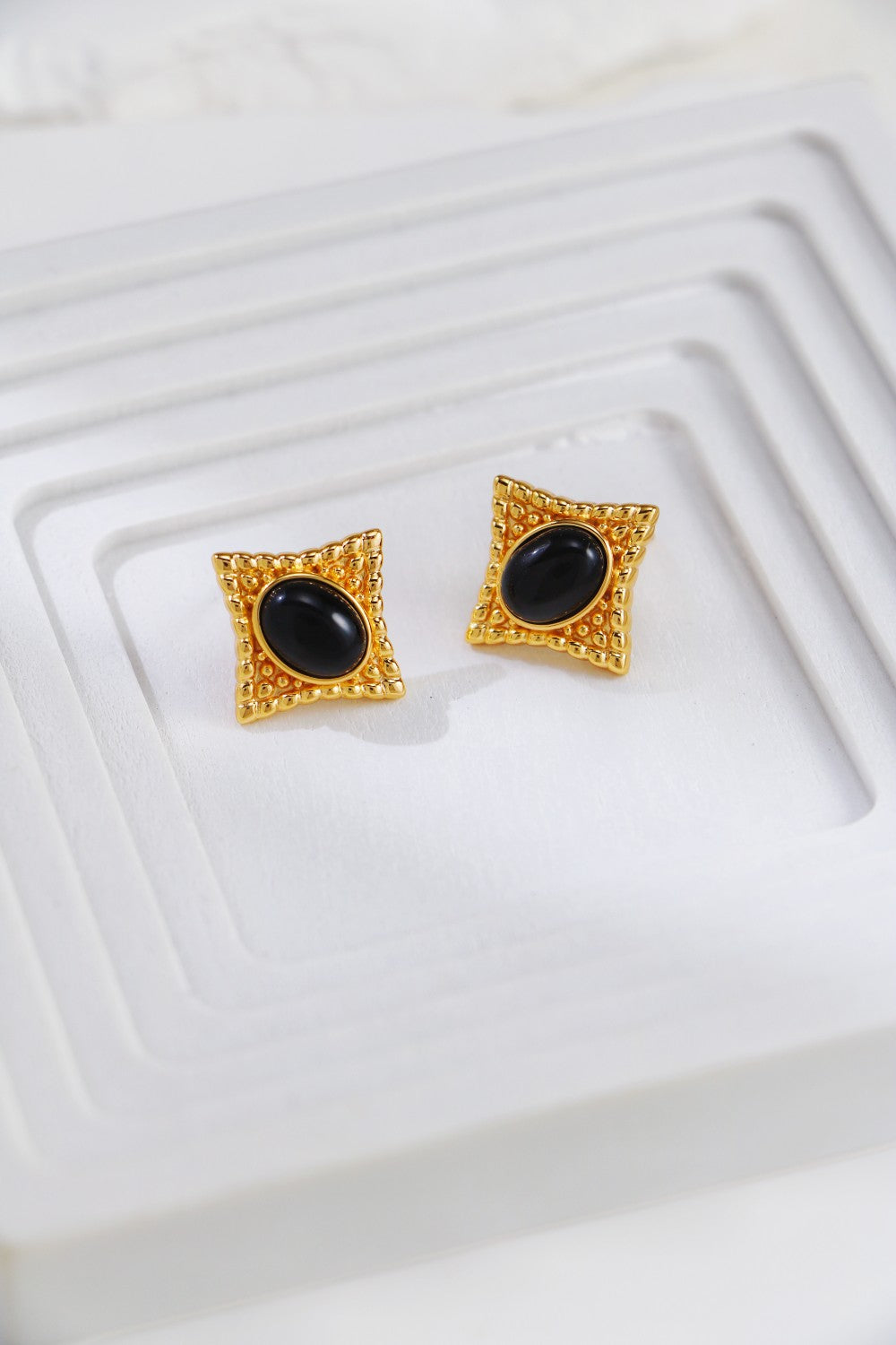 Vintage Gold Black Agate Stud Earrings-0
